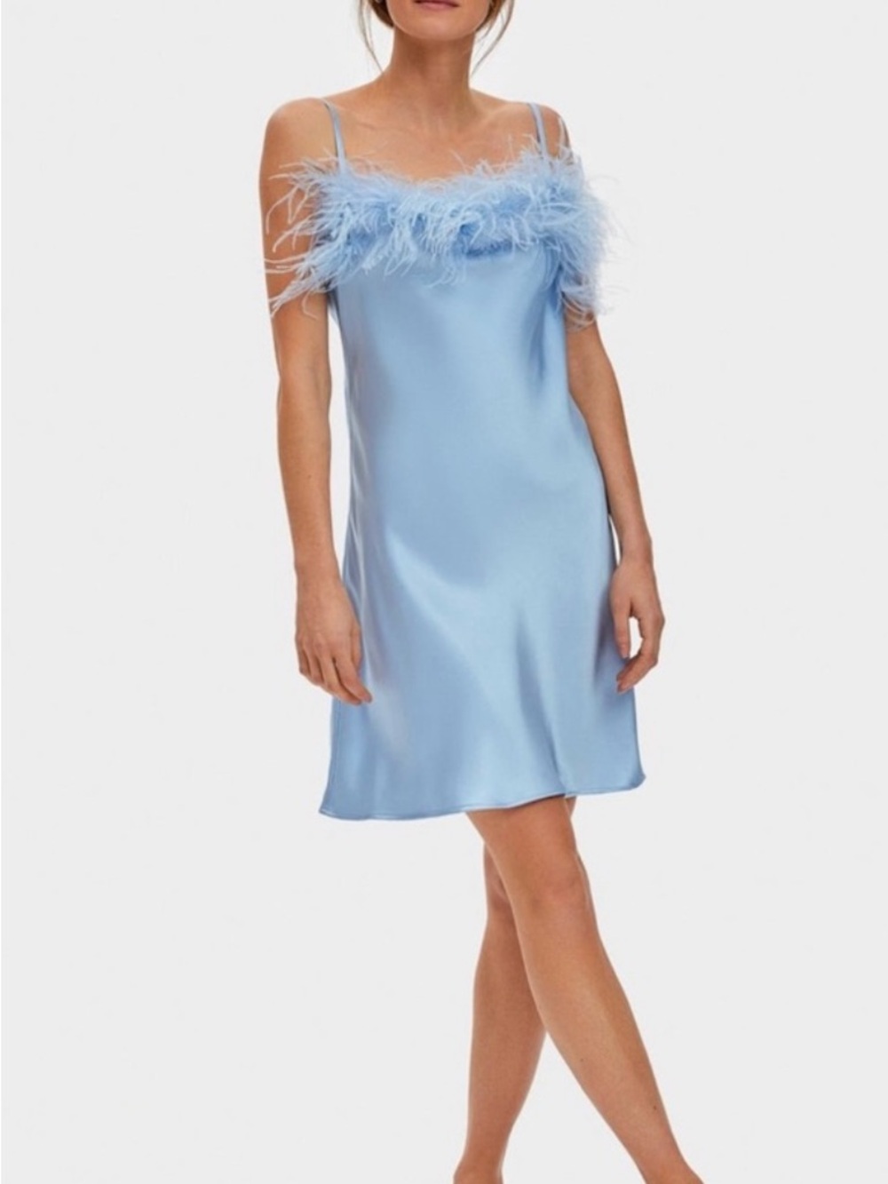 Real ostrich feather-Trim Slip Dress - Light Blue